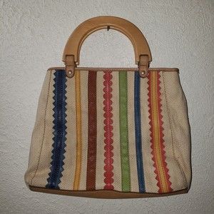 Relic Marley Tote Bag Satchel Purse Wooden Handles Cream Beige Colorful Stripes